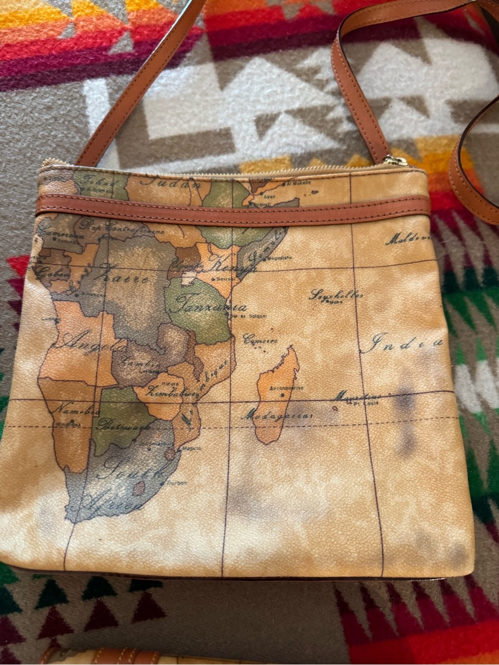 Map-Print Crossbody Bag in Tan and Brown Leather Trim
